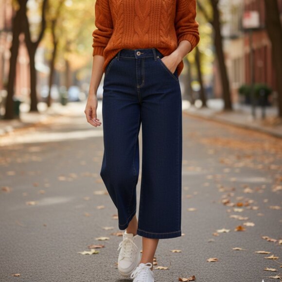 Style & Co Jeans Women's SZ 12 High-Rise Wide-Leg Slimming Pocket Crop Dark Wash - Picture 1 of 13